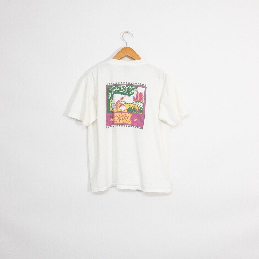 Vintage 90s T Shirt L - Vermont Cycling Art Distressed Faded Single Stitch USA